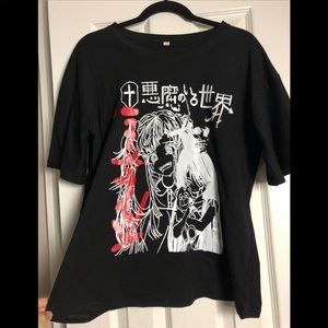 super light black tee, anime girl holding a teddy bear design